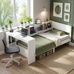 Single Corner Bed Frame with Built-in Desk Storage Shelves USB-C Charging for