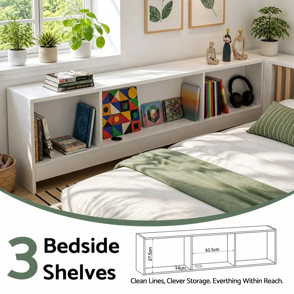 Corner Bed Frame with Desk and USB-C Charging
