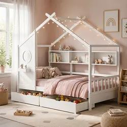 Stylish Kids Single Bed Frame with House Design and Storage