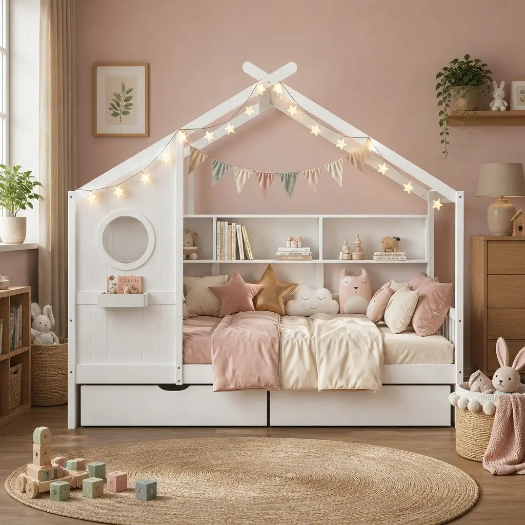 Kids Single Bed Frame House Design Storage Bookcase 2 Drawers White Montessori