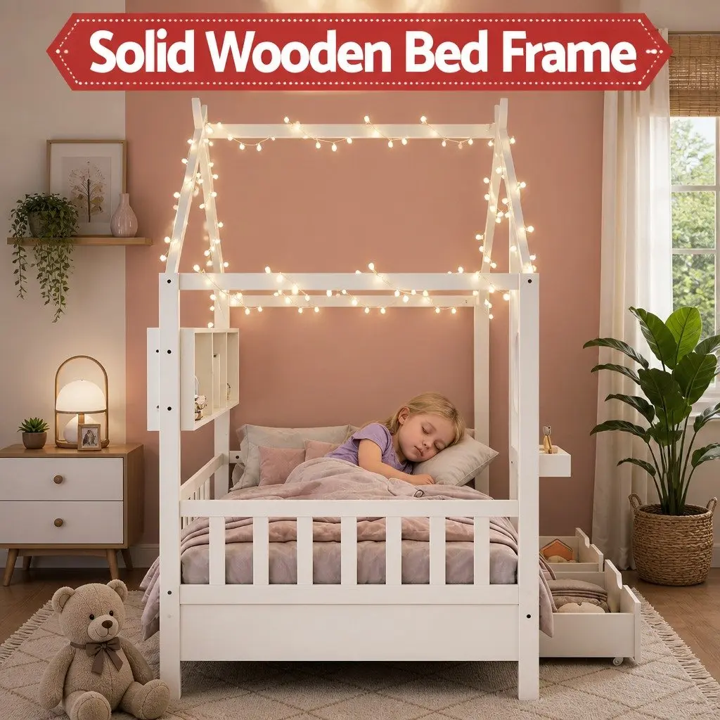 Kids Single Bed Frame House Design Storage Bookcase 2 Drawers White Montessori