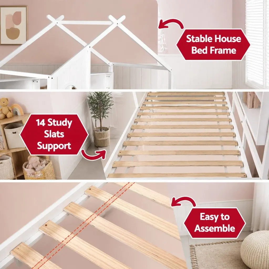 Kids Single Bed Frame House Design Storage Bookcase 2 Drawers White Montessori