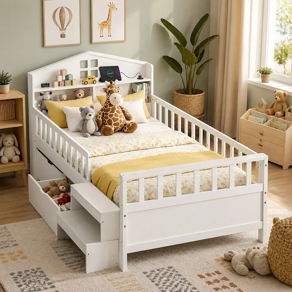 Single Bed Frame with LED Light and Storage