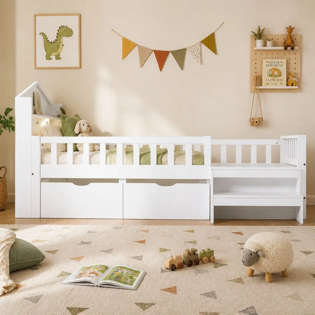 Single Bed Frame with LED Light and Storage