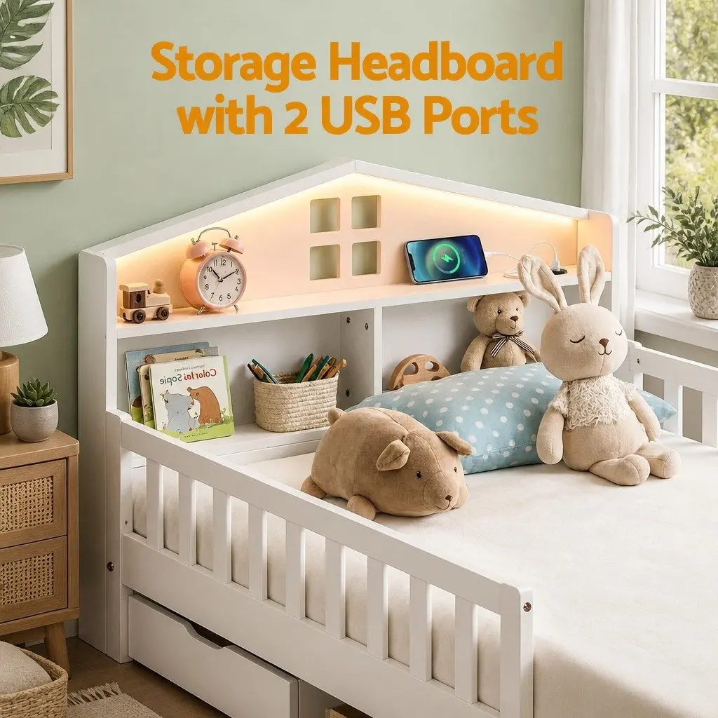 Single Bed Frame with LED Light and Storage