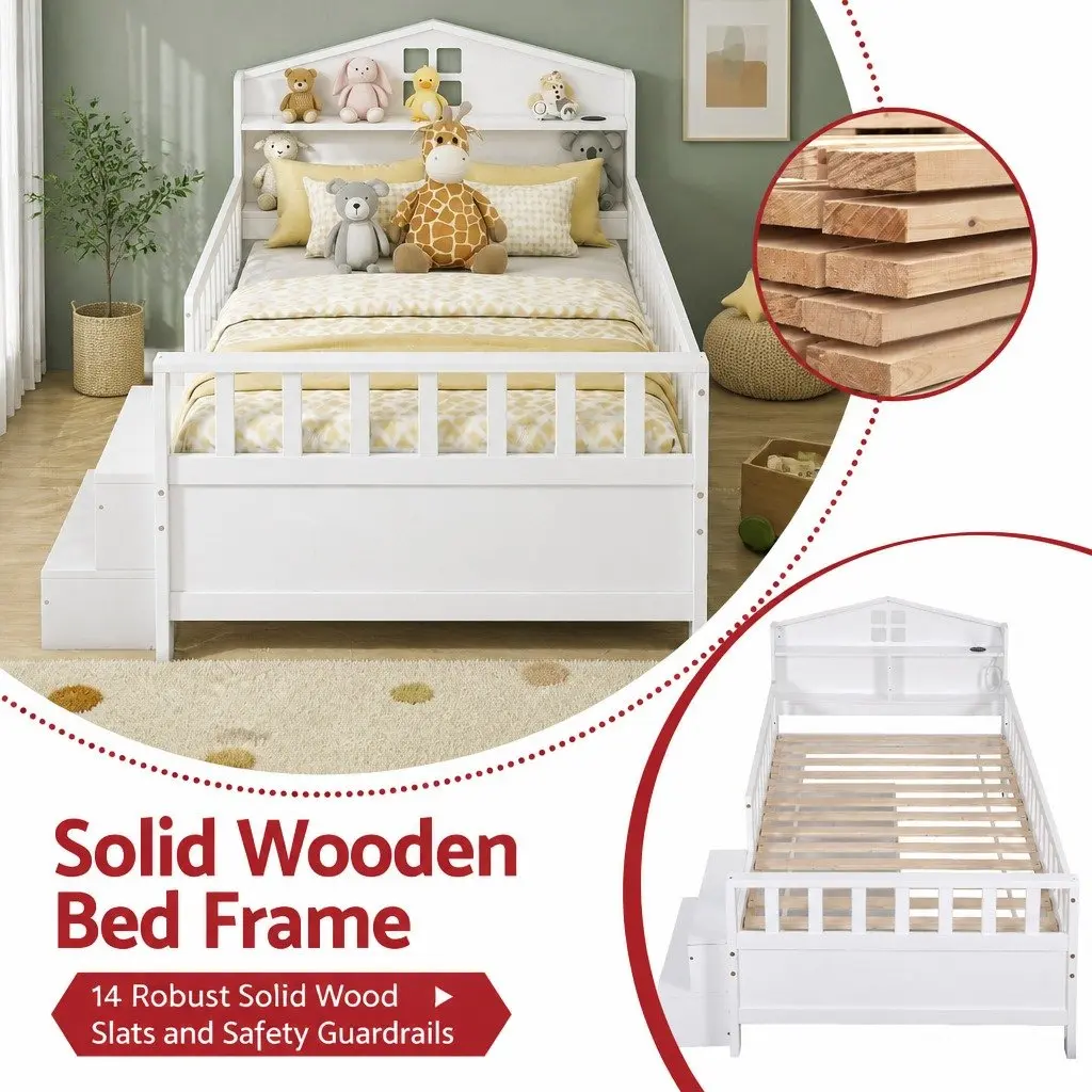 Single Bed Frame with LED Light and Storage