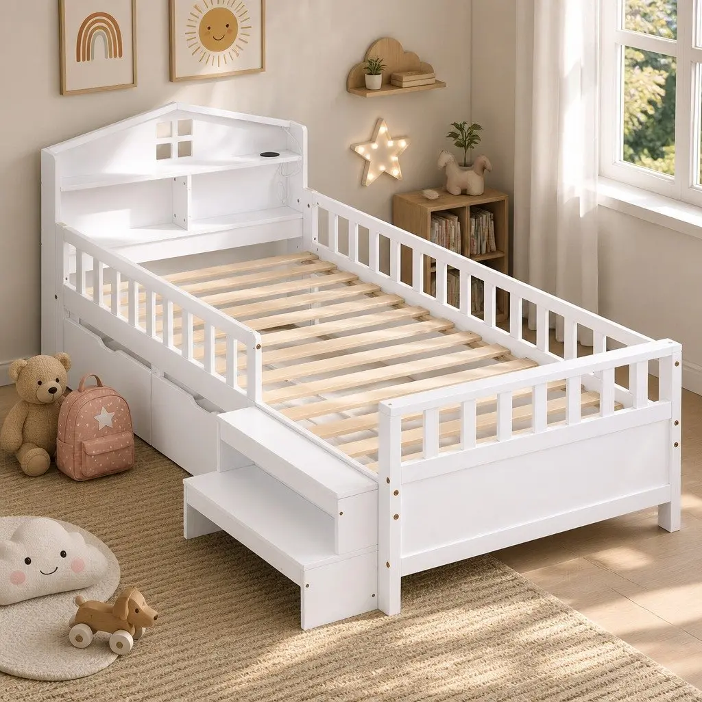 Single Bed Frame with LED Light and Storage