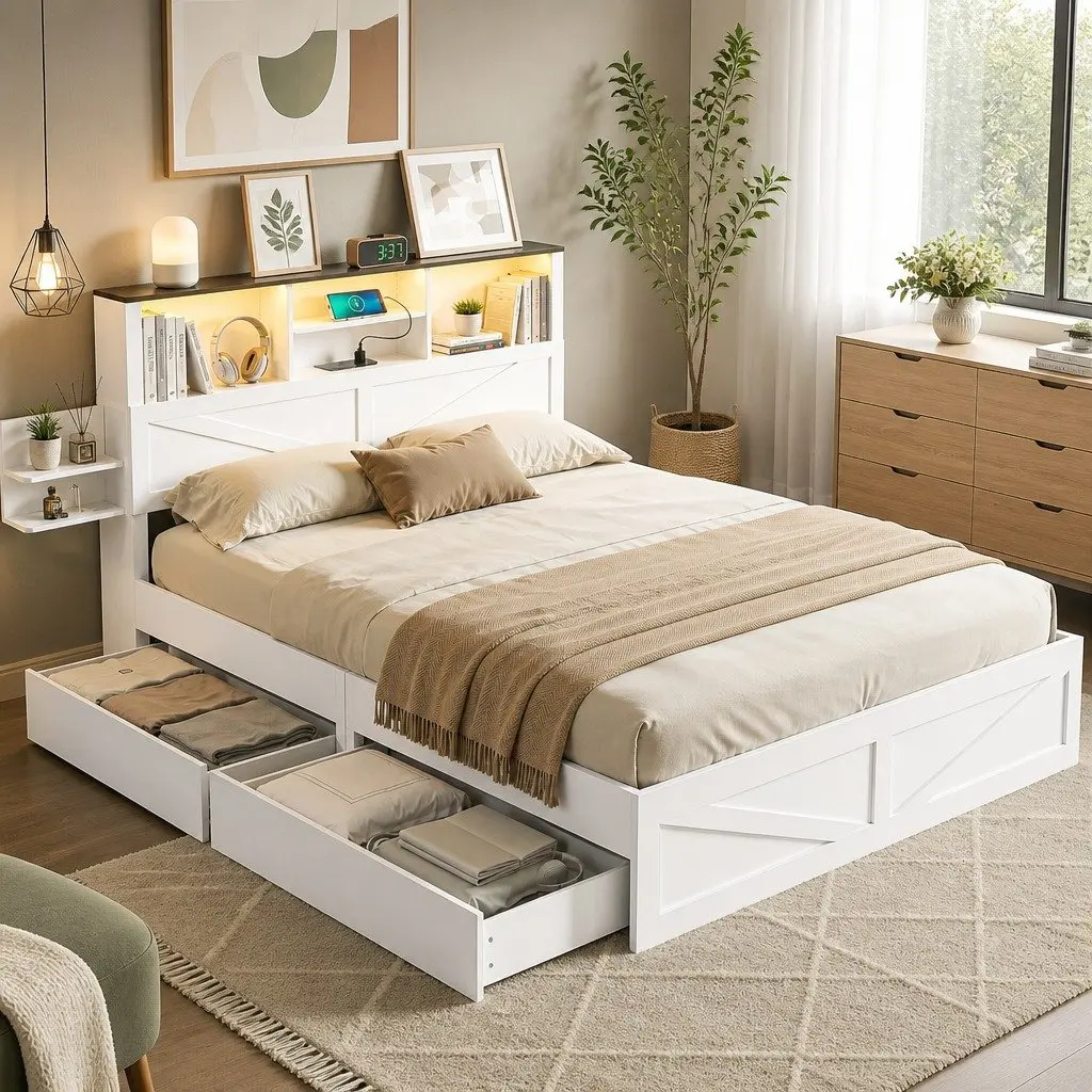 Double Bed Frame with Storage and Charging Options
