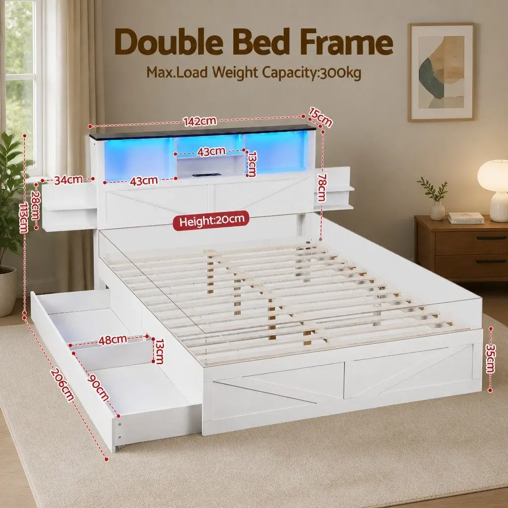 Double Bed Frame with Storage and Charging Options