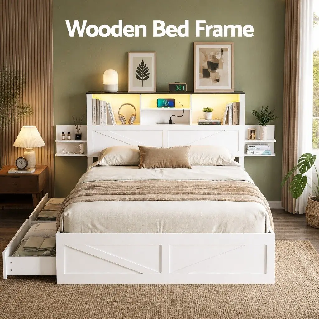 Double Bed Frame with Storage and Charging Options