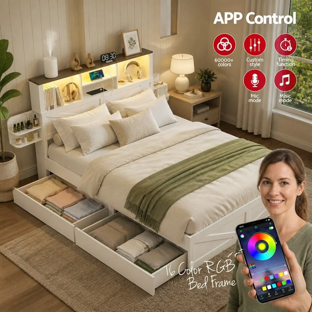Double Bed Frame with Storage and Charging Options