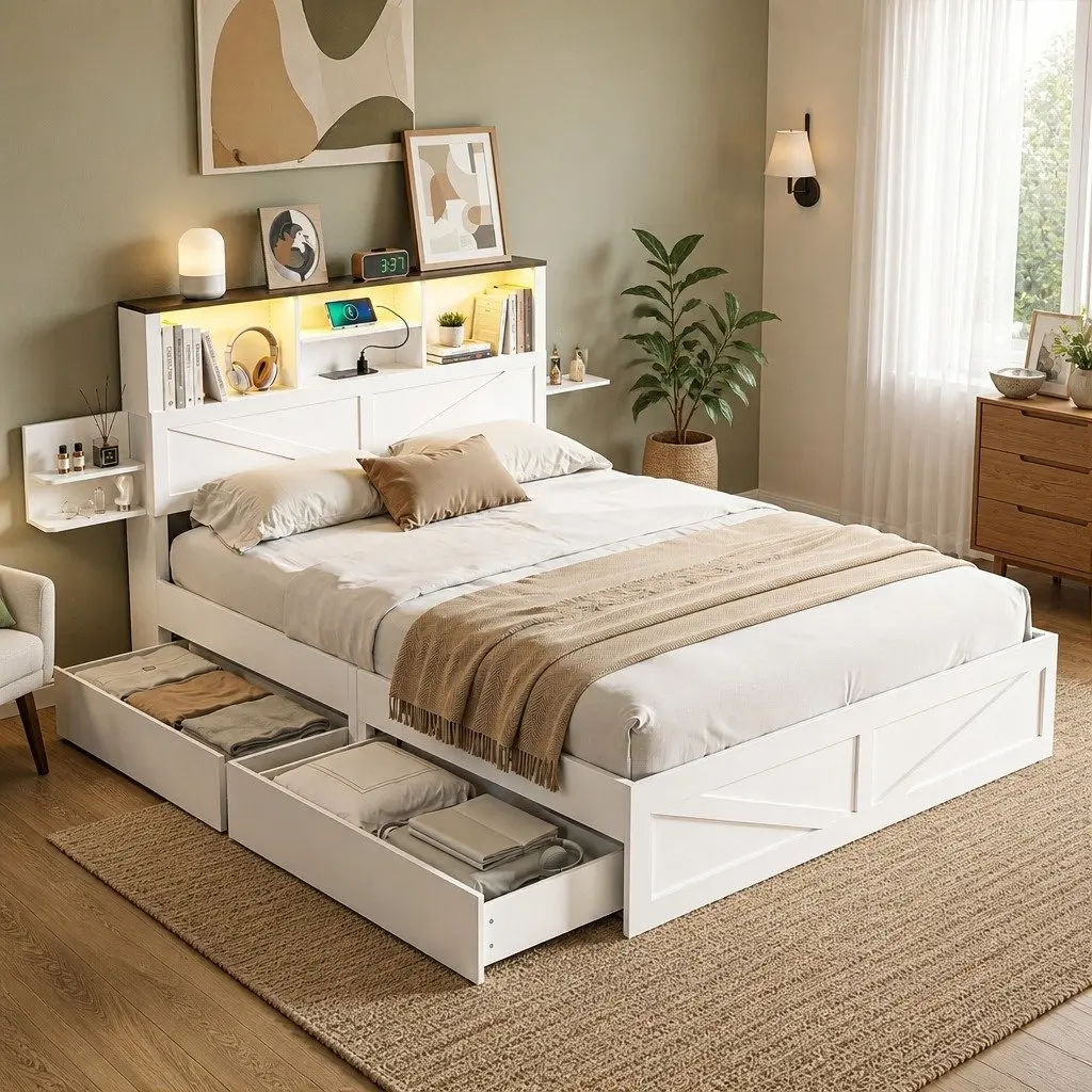 Queen Bed Frame with Smart Storage and Lights