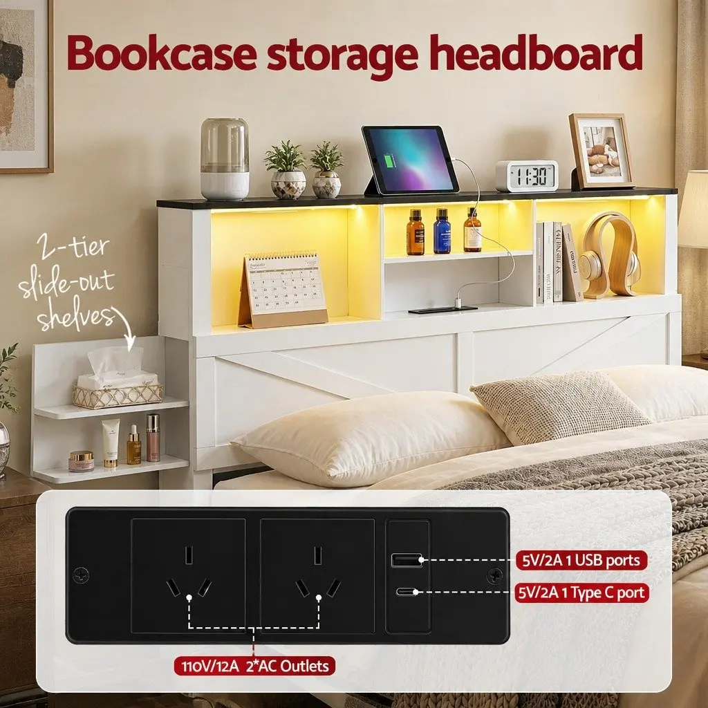 Queen Bed Frame with Smart Storage and Lights