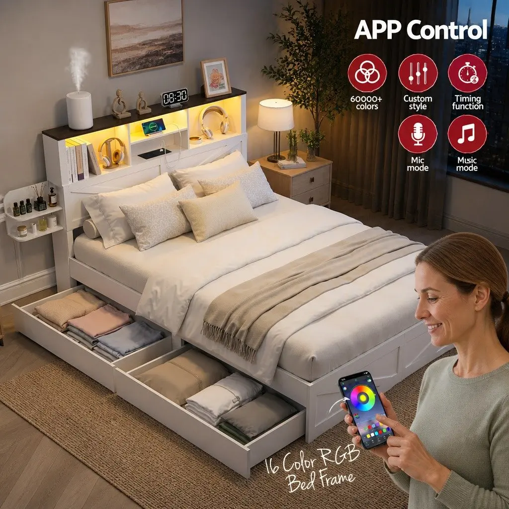 Queen Bed Frame with Smart Storage and Lights