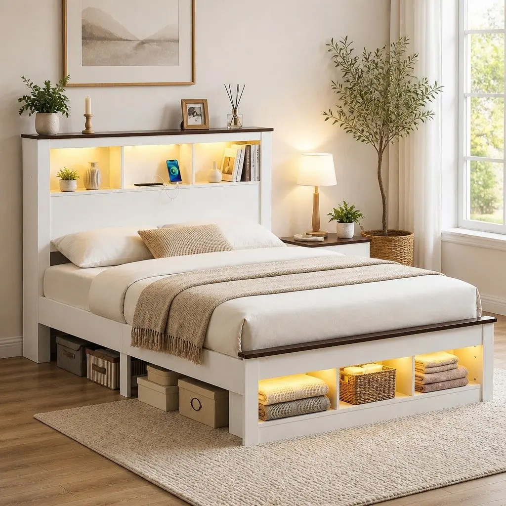 Double Bed Frame with LED and Charging Station