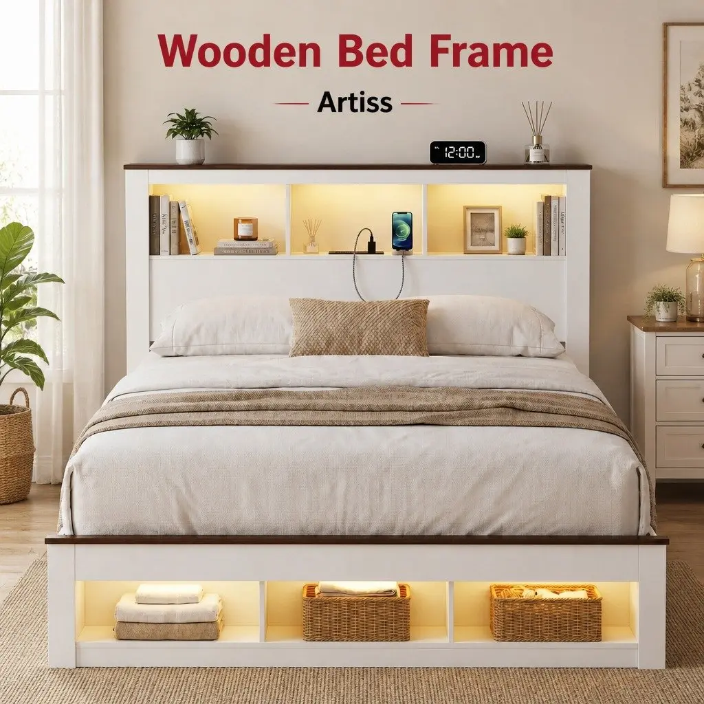 Double Bed Frame with LED and Charging Station
