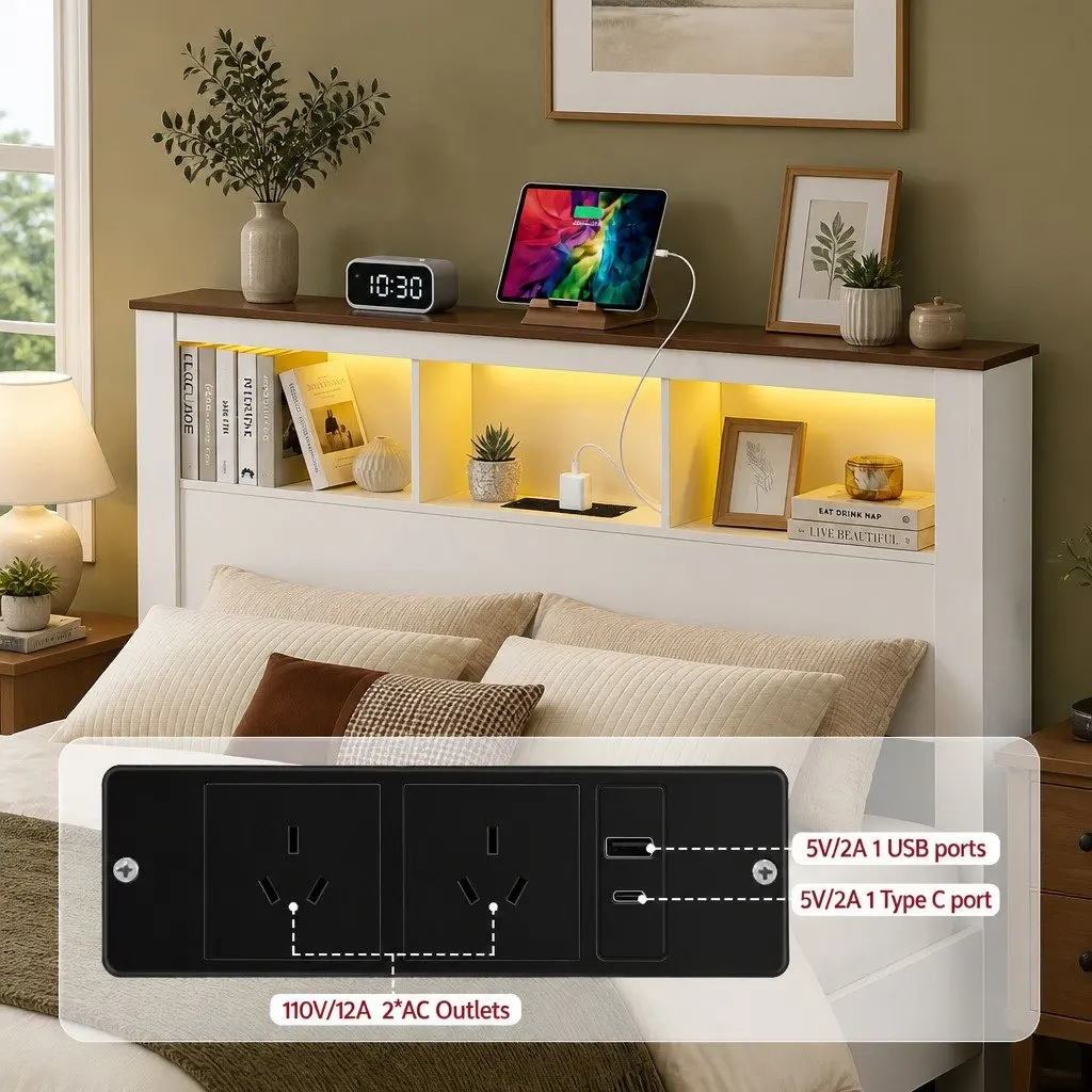 Double Bed Frame with LED and Charging Station