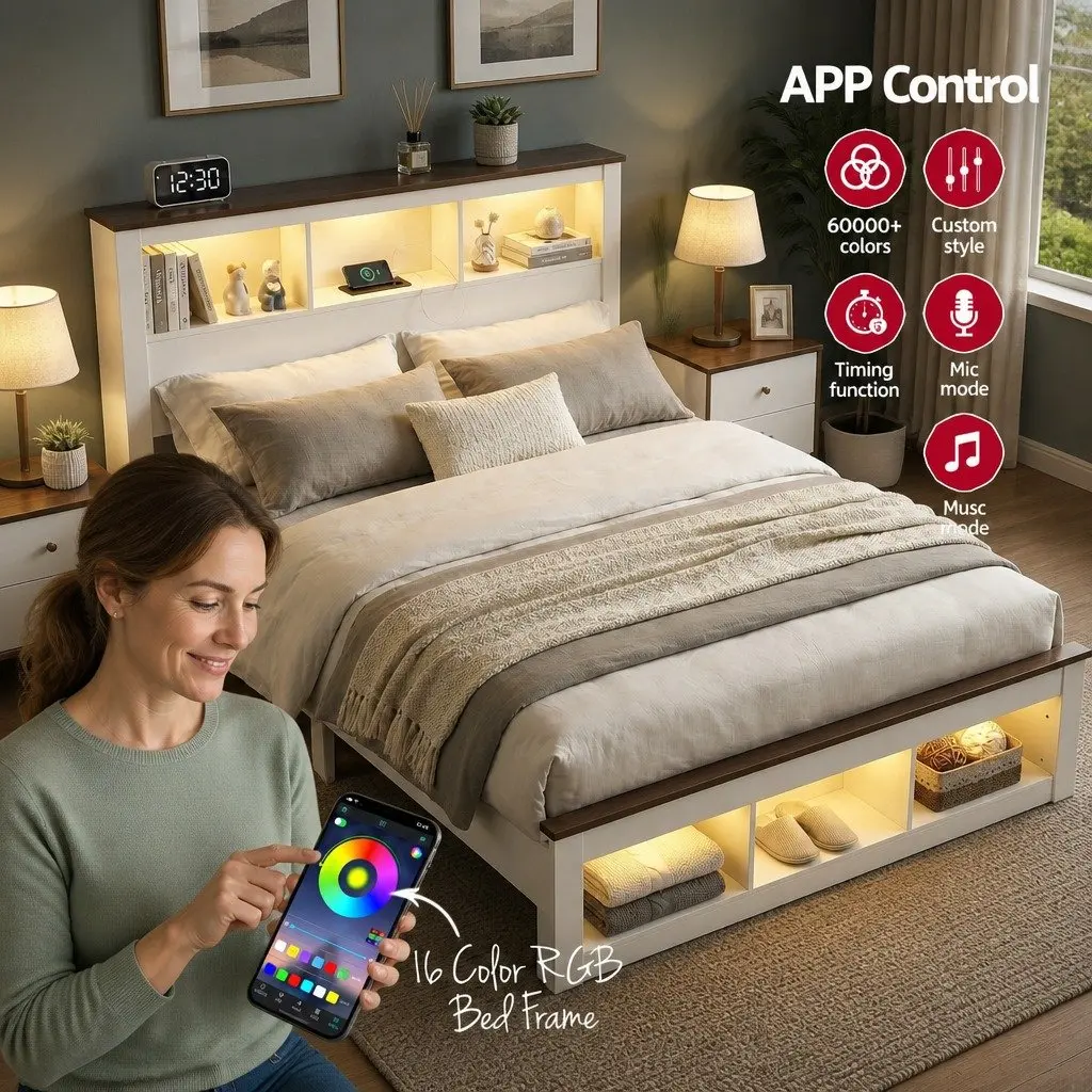 Double Bed Frame with LED and Charging Station