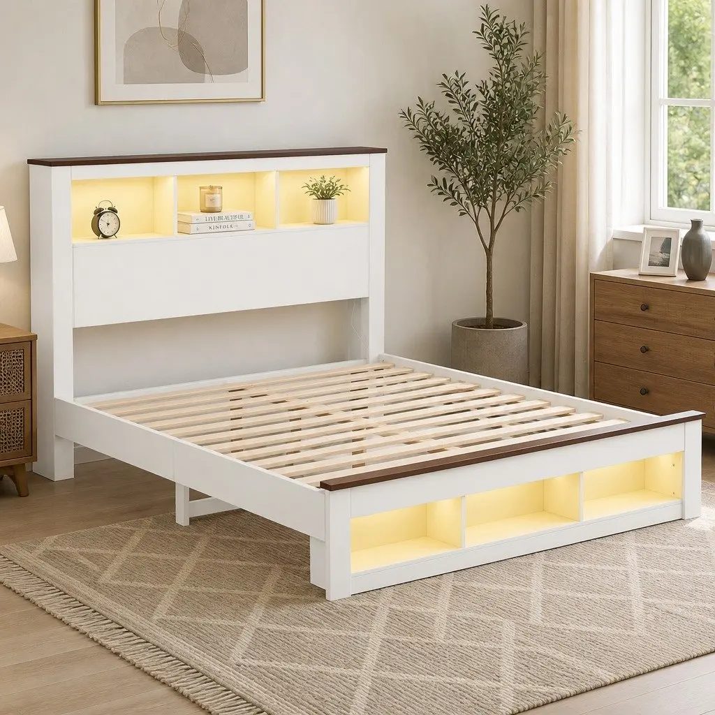 Double Bed Frame with LED and Charging Station