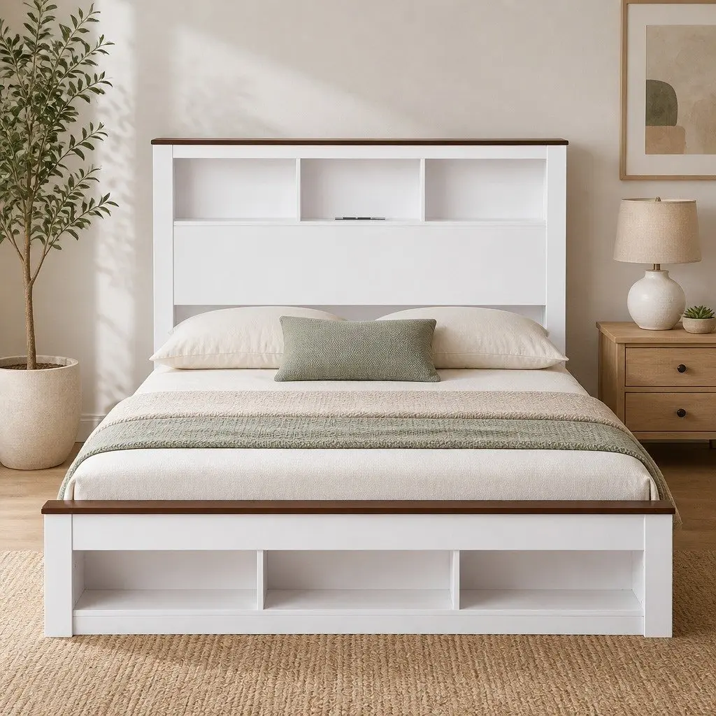 Queen Bed Frame with Bookcase Headboard in White