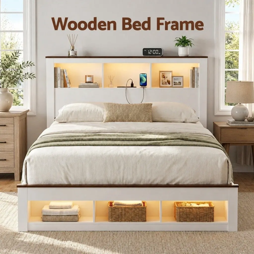Queen Bed Frame with Bookcase Headboard in White