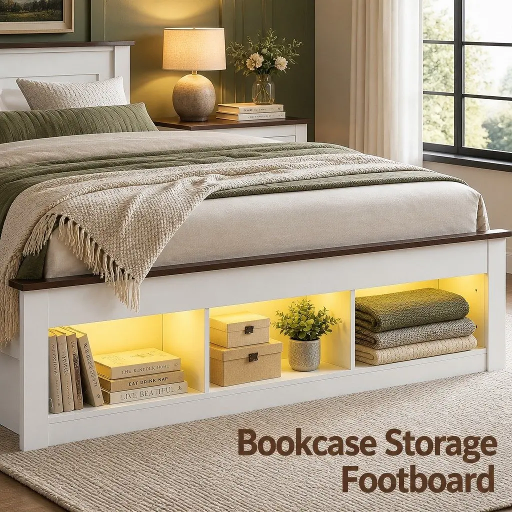 Queen Bed Frame with Bookcase Headboard in White