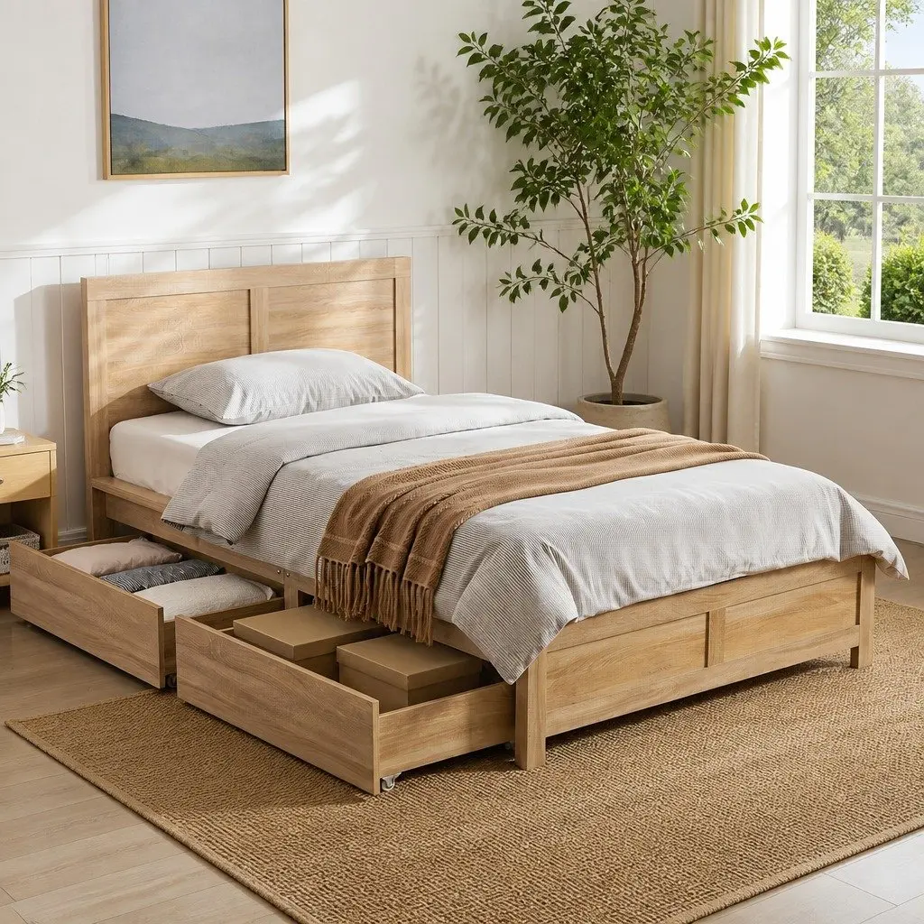 King Single Bed Frame with 2 Drawers for Storage