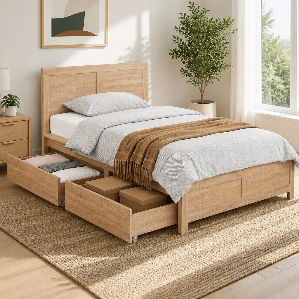 King Single Bed Frame with 2 Drawers for Storage