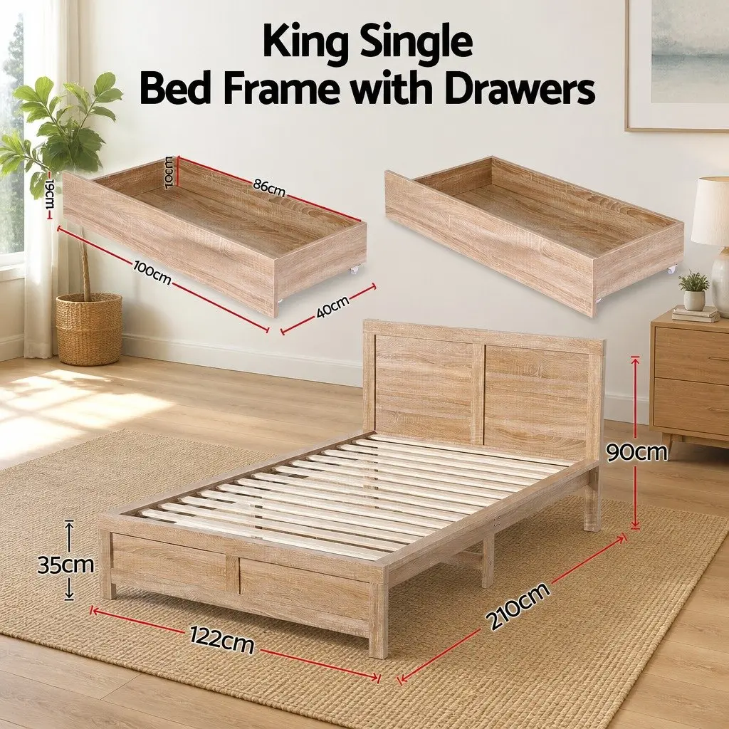 King Single Bed Frame with 2 Drawers for Storage