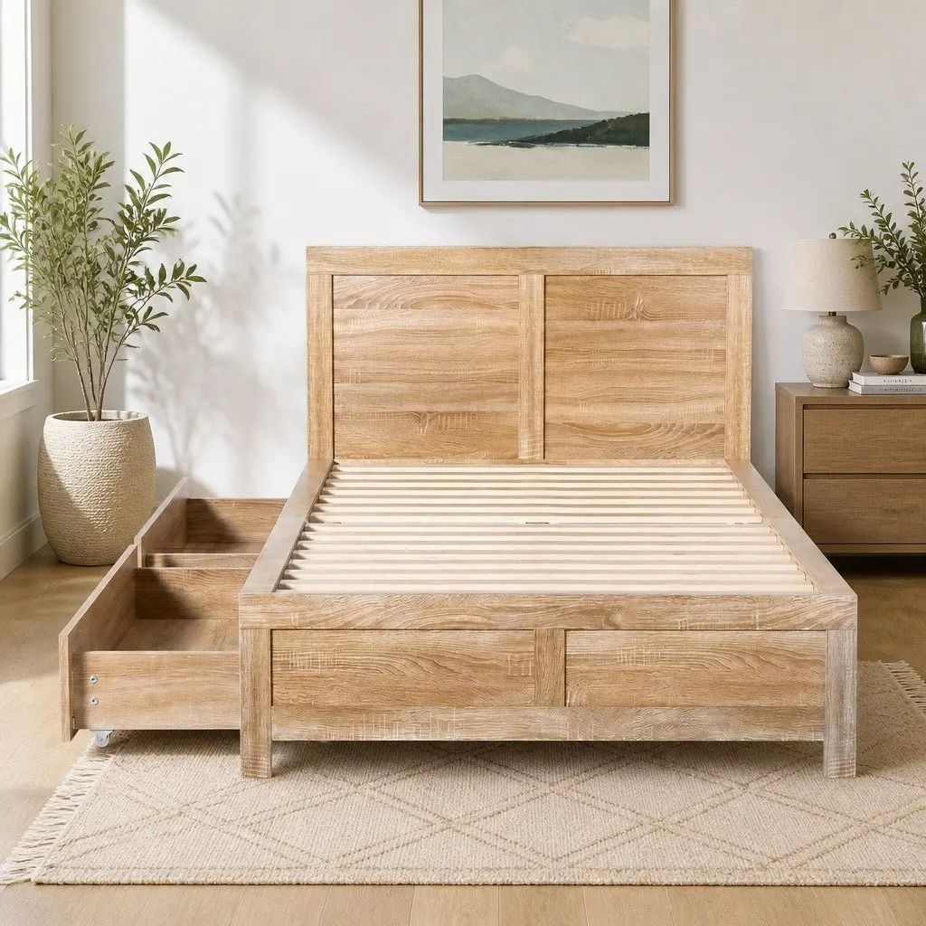 King Single Bed Frame with 2 Drawers for Storage