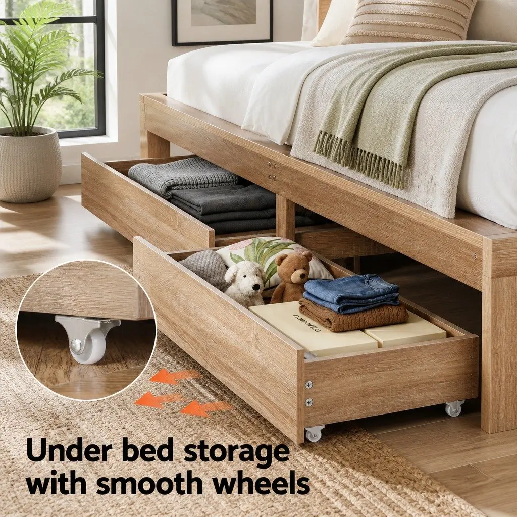 King Single Bed Frame with 2 Drawers for Storage