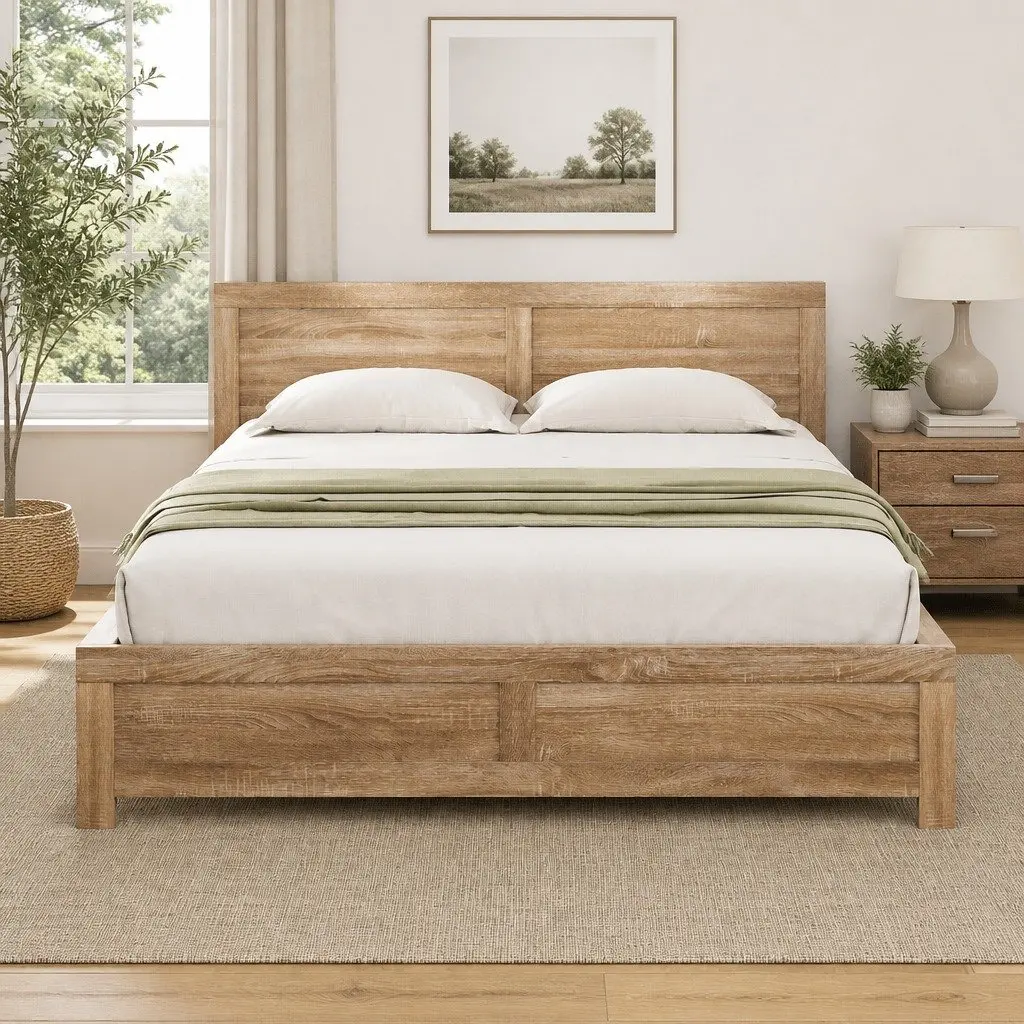 Queen Size Wooden Bed Frame with Modern Headboard