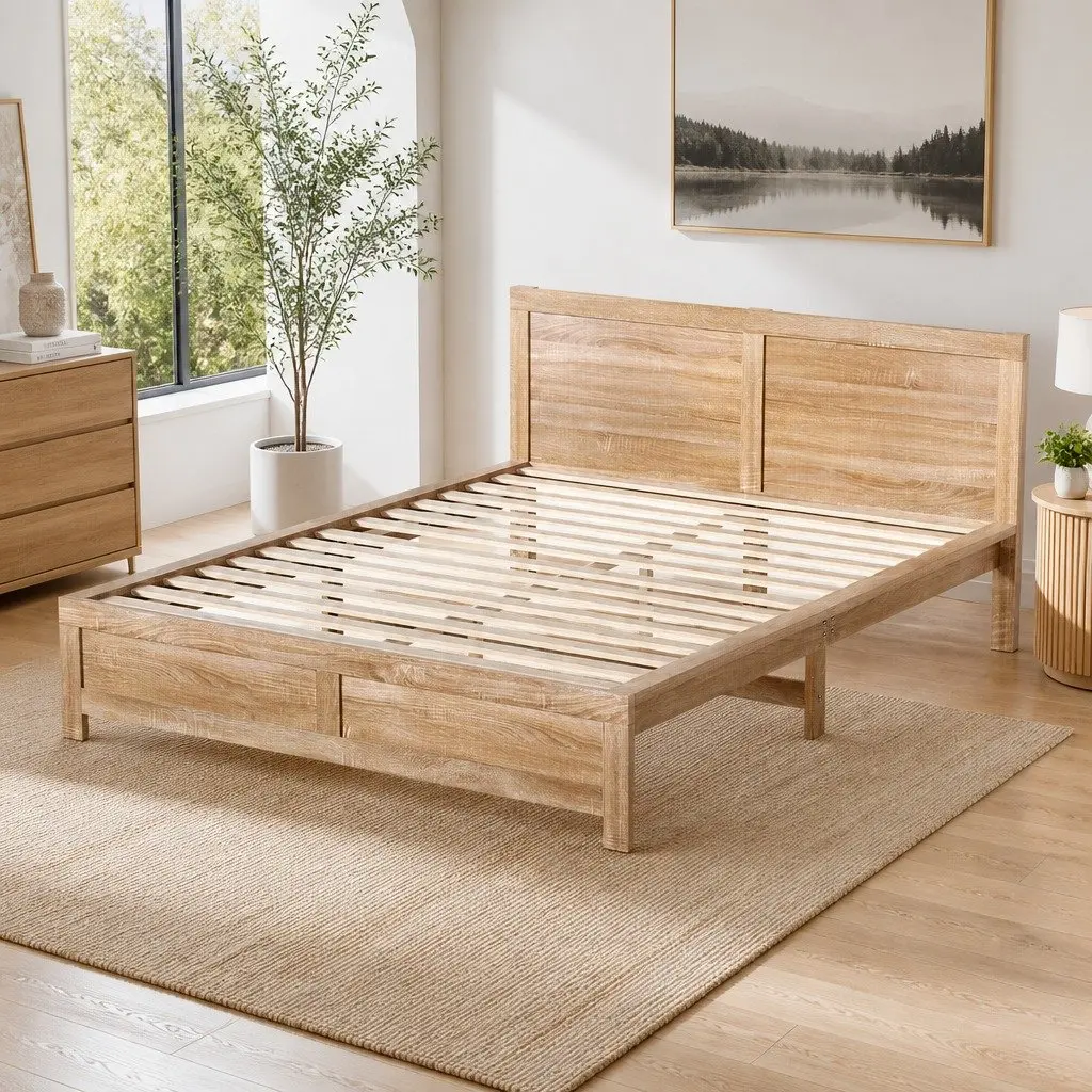 Queen Size Wooden Bed Frame with Modern Headboard