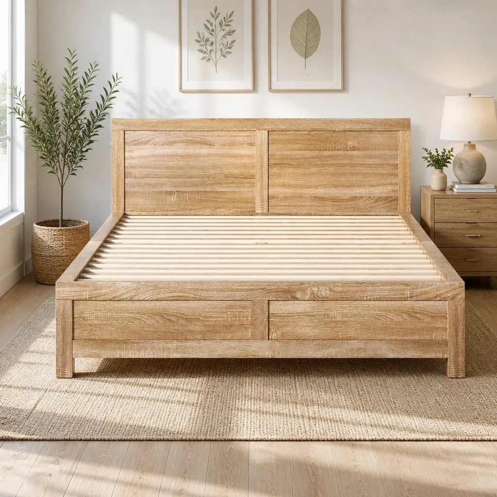 Queen Size Wooden Bed Frame with Modern Headboard