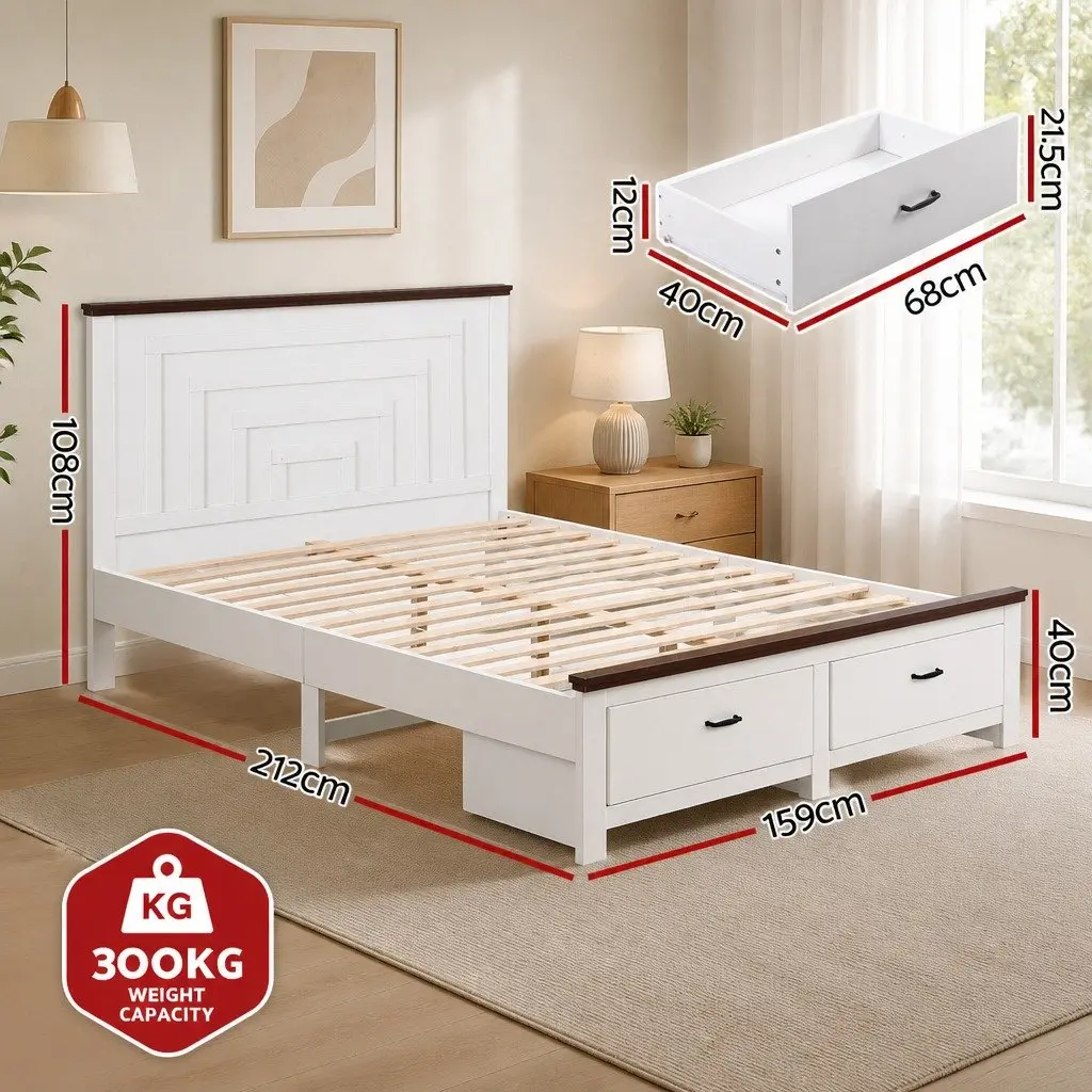 Queen Bed Frame with 2 Storage Drawers and 108cm Headboard