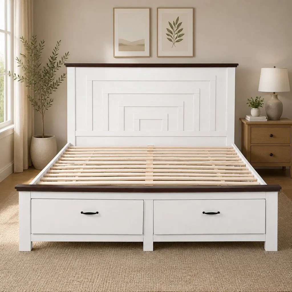 Queen Bed Frame with 2 Storage Drawers and 108cm Headboard