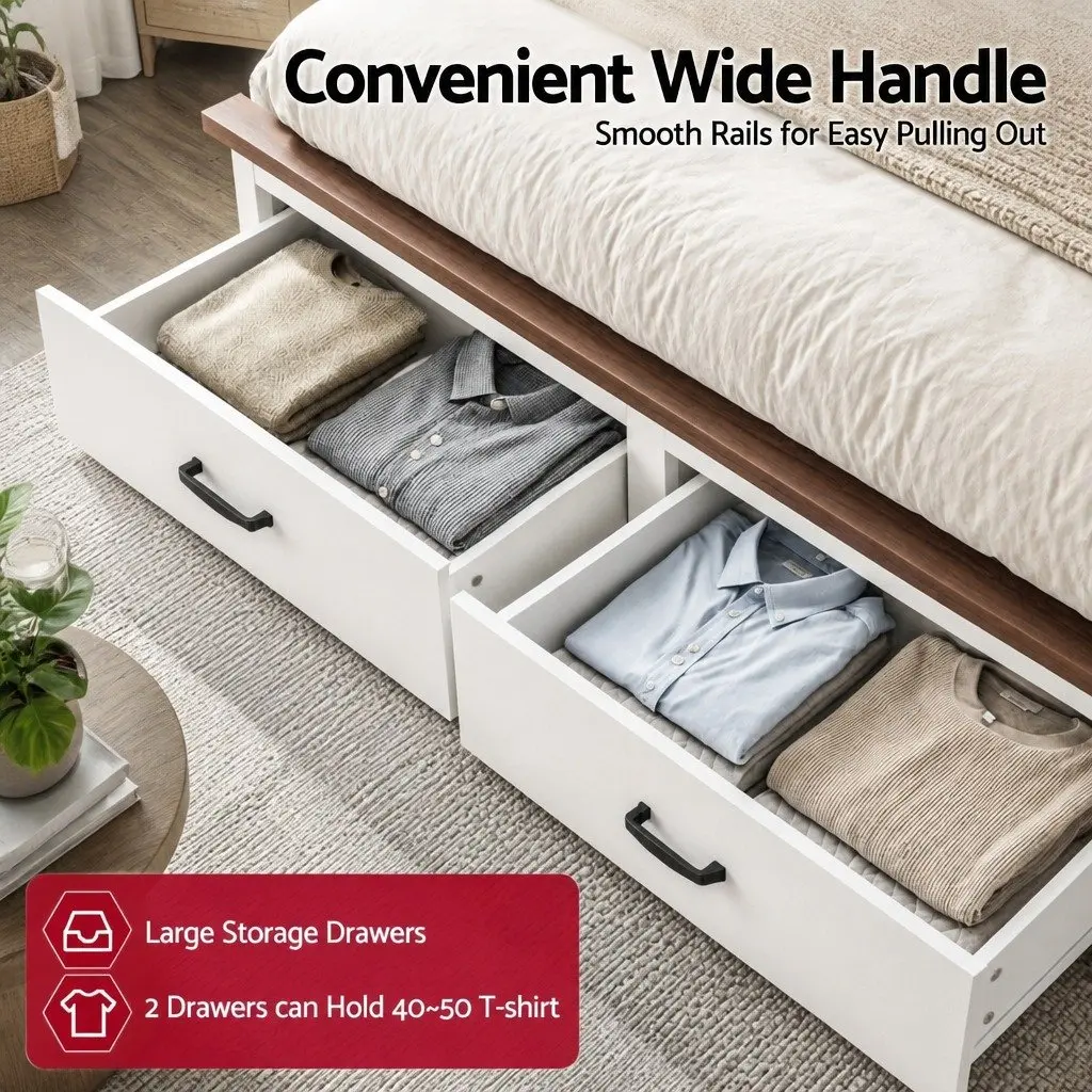 Queen Bed Frame with 2 Storage Drawers and 108cm Headboard