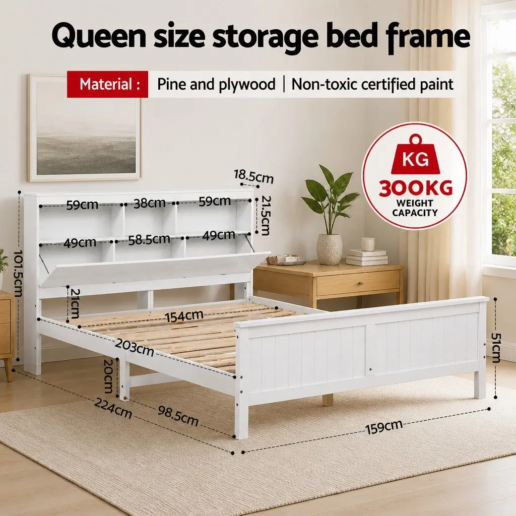 Queen Bed Frame Wooden White with Storage Headboard and Footboard