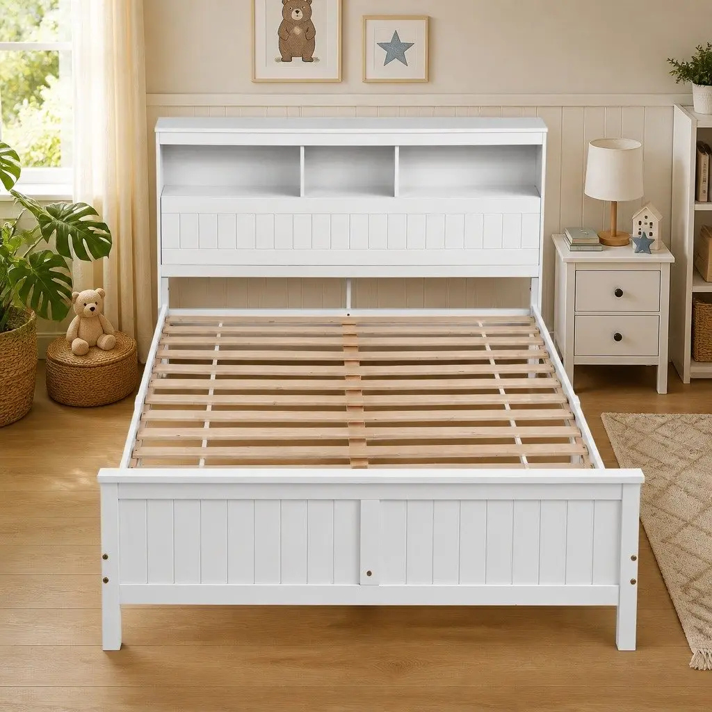 Queen Bed Frame Wooden White with Storage Headboard and Footboard