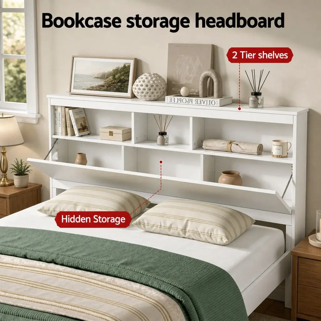 Queen Bed Frame Wooden White with Storage Headboard and Footboard