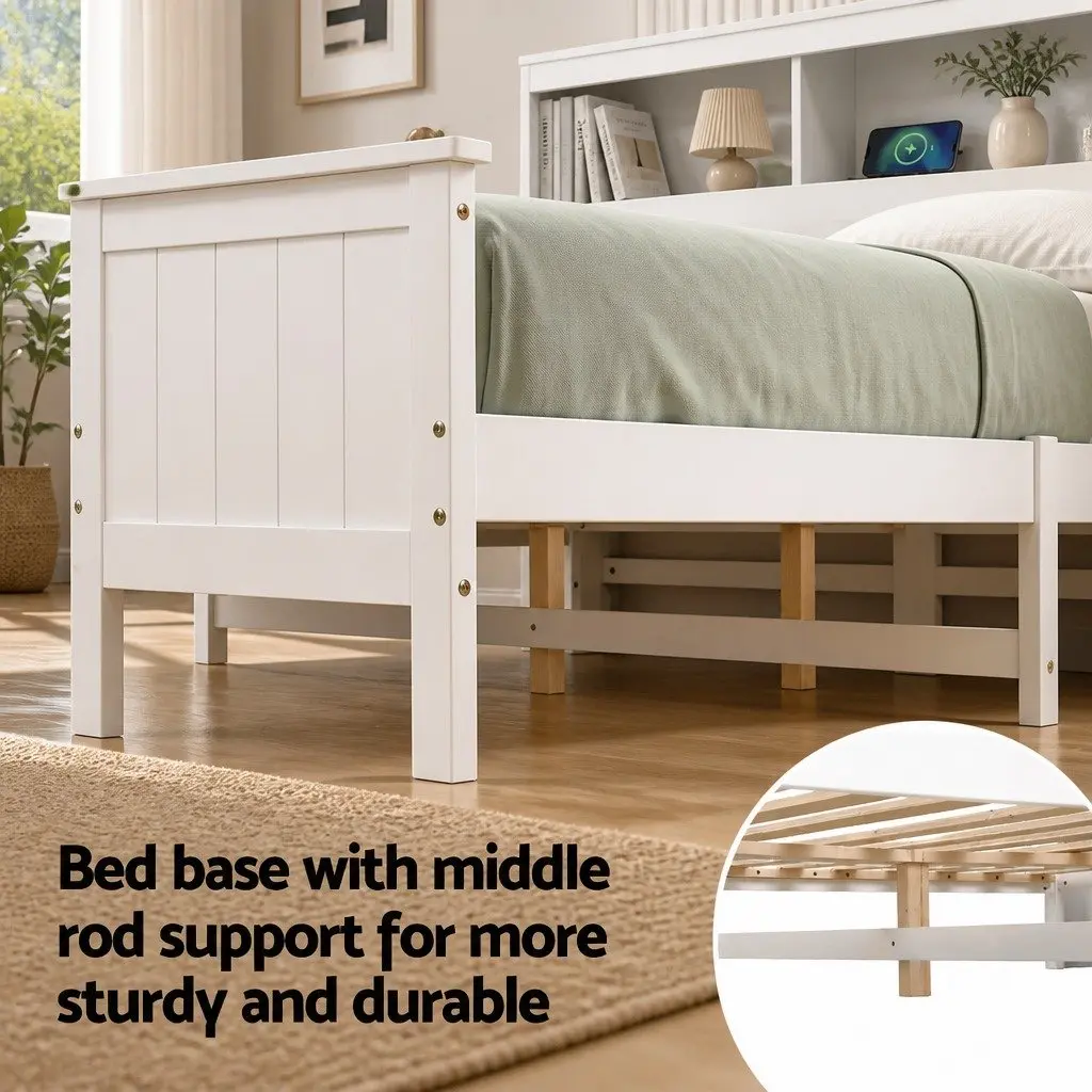 Queen Bed Frame Wooden White with Storage Headboard and Footboard