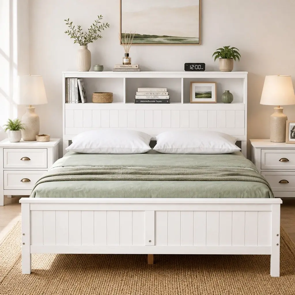 Queen Bed Frame Wooden White with Storage Headboard and Footboard