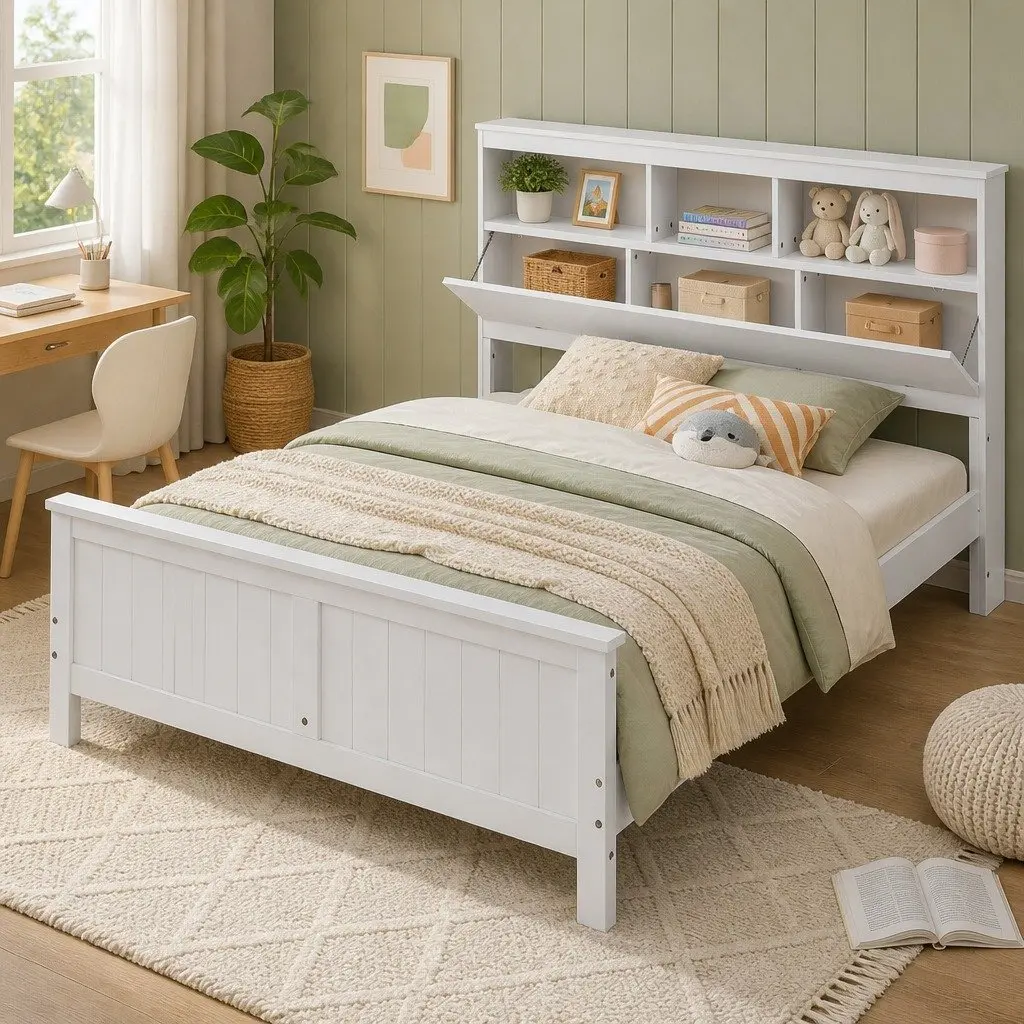 Queen Bed Frame Wooden White with Storage Headboard and Footboard