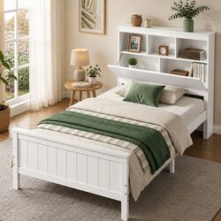 Wooden Bed Frame with Storage Headboard in White