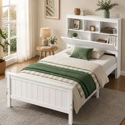 Wooden Bed Frame with Storage Headboard in White