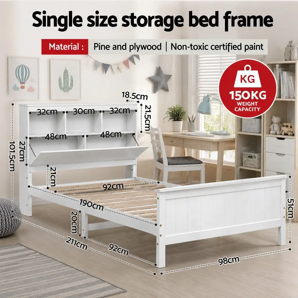 Single Bed Frame Pine Wood White Storage Headboard Footboard 211cm x 98cm x 101.5cm