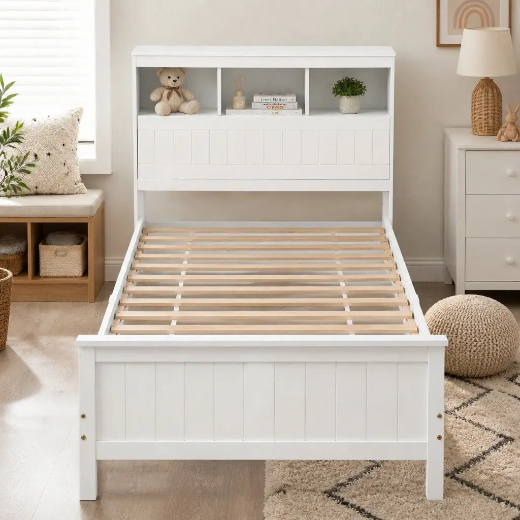 Single Bed Frame Pine Wood White Storage Headboard Footboard 211cm x 98cm x 101.5cm
