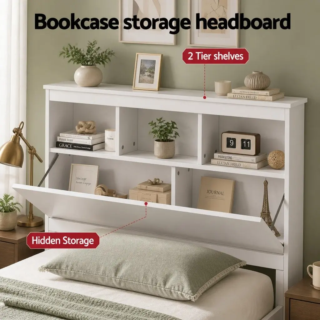 Single Bed Frame Pine Wood White Storage Headboard Footboard 211cm x 98cm x 101.5cm