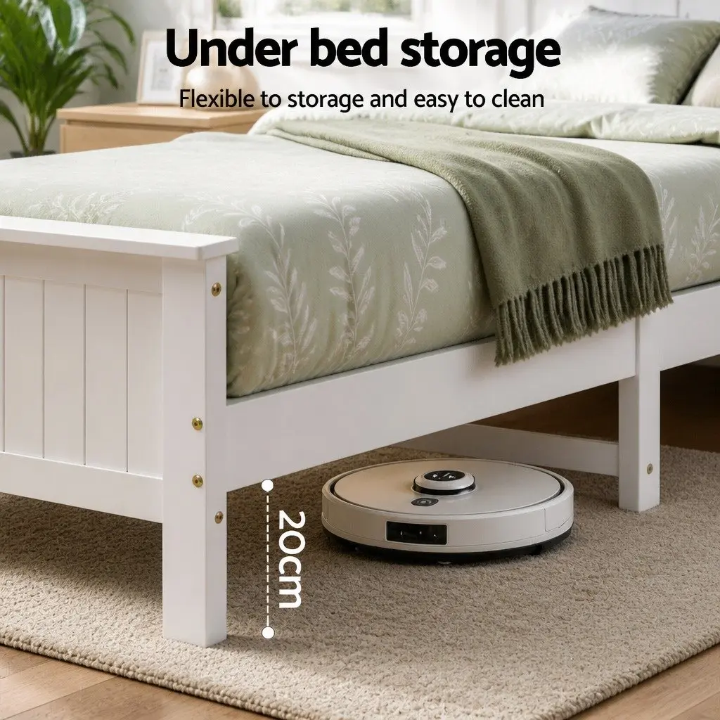 Single Bed Frame Pine Wood White Storage Headboard Footboard 211cm x 98cm x 101.5cm