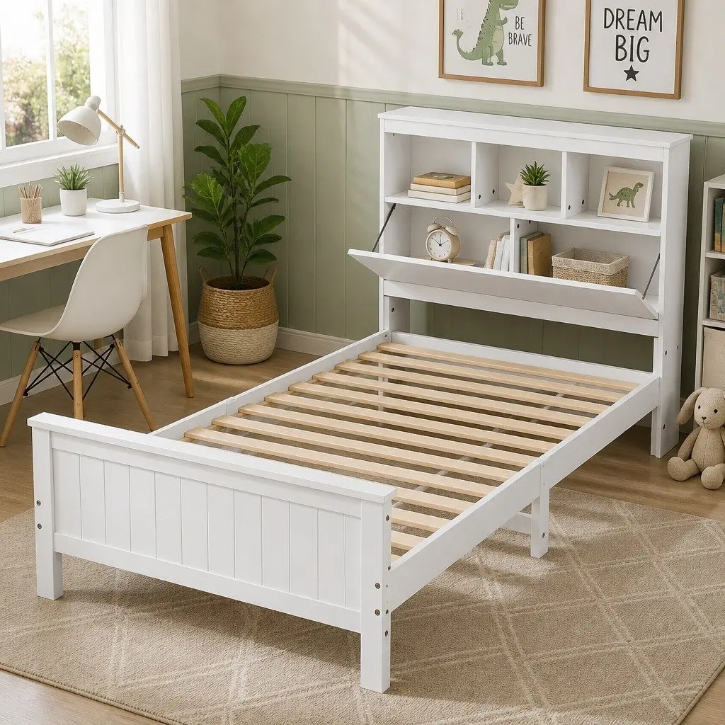 Single Bed Frame Pine Wood White Storage Headboard Footboard 211cm x 98cm x 101.5cm